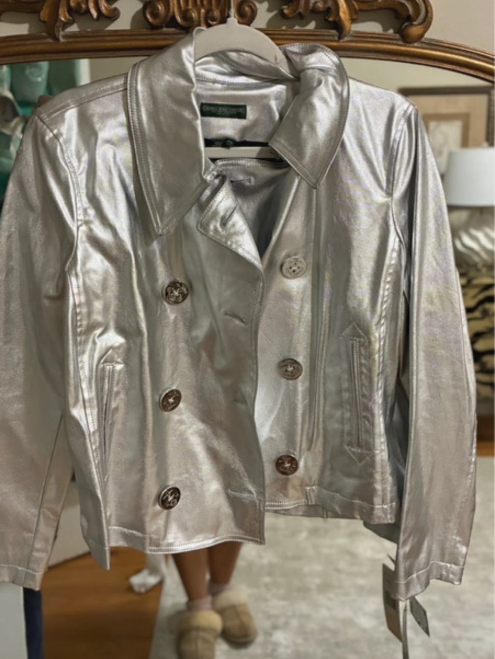 Ralph Lauren Metallic Silver Double-Breasted Leather Jacket